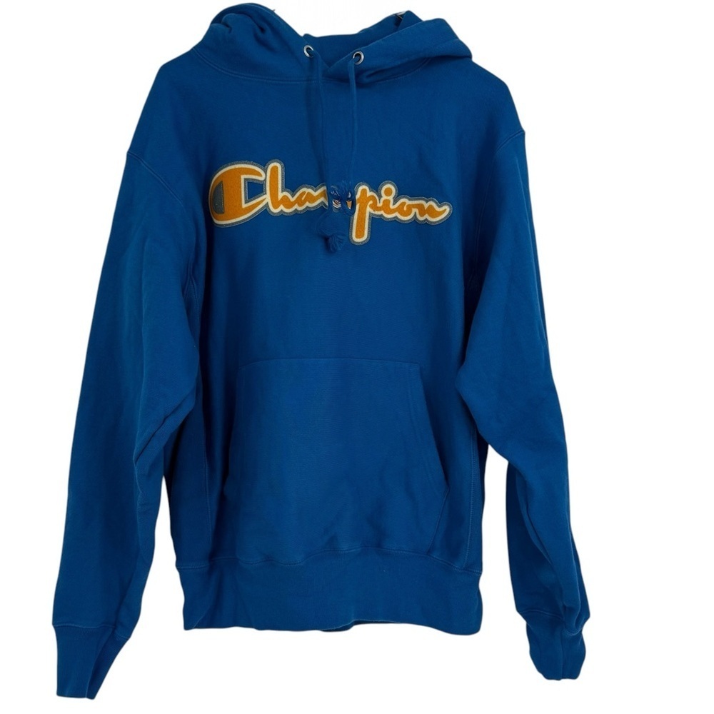 Champion Reverse Weave Size M Hoodie Sweatshirt Vintage Script Logo GF68 Blue